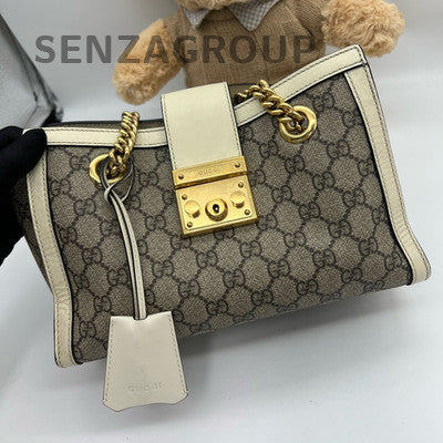 Gucci Padlock Chain Shoulder Bag White Brown Gold Hardware Classic Women