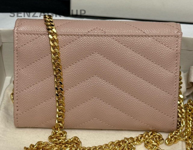 Saint Laurent Calfskin Chain Shoulder Bag Crossbody Pink Gold Used Women Classic