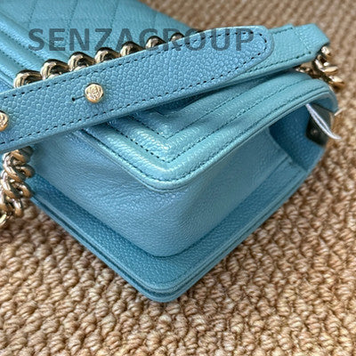 Chanel Lambskin Small Boy Bag Blue Gold Chain Crossbody Shoulder Bag