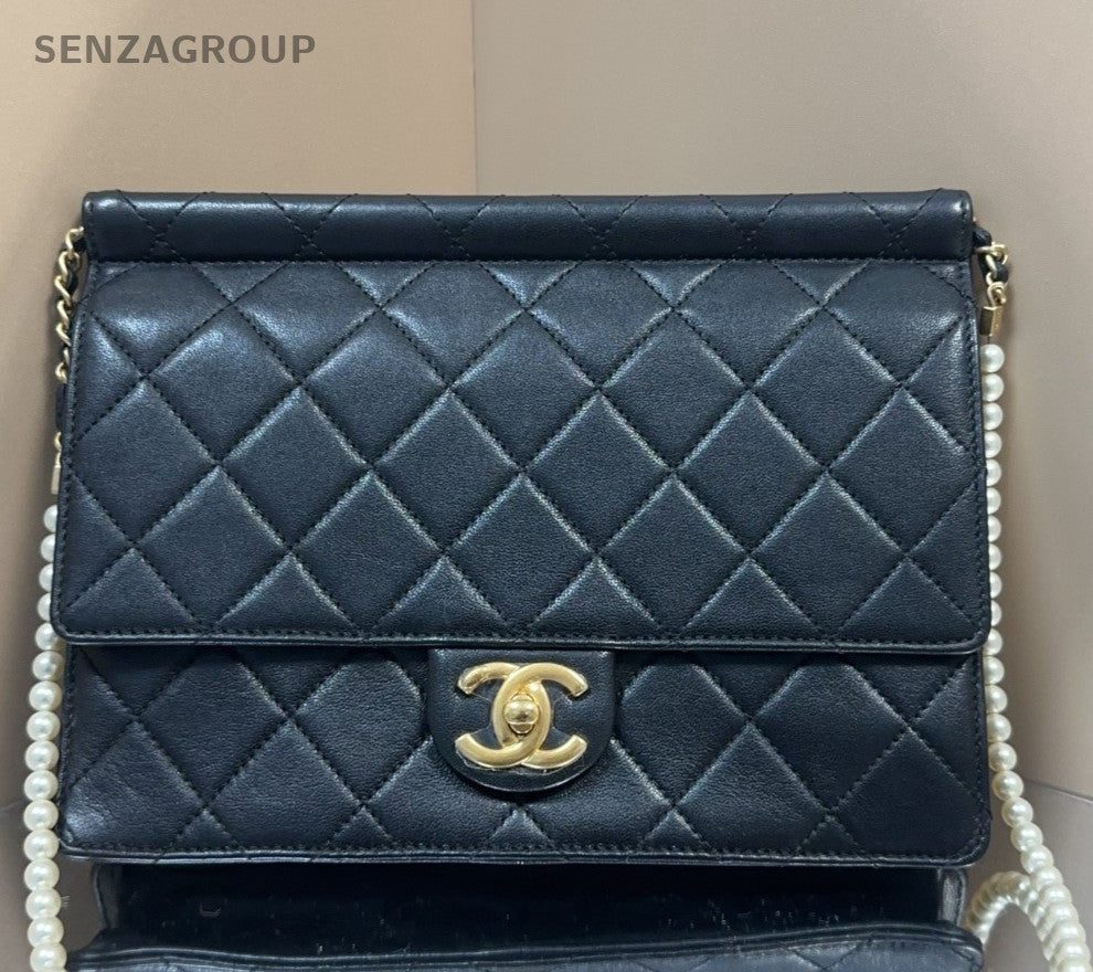 Chanel Classic Flap Pearl String Chain Shoulder Bag Black White Women Designer