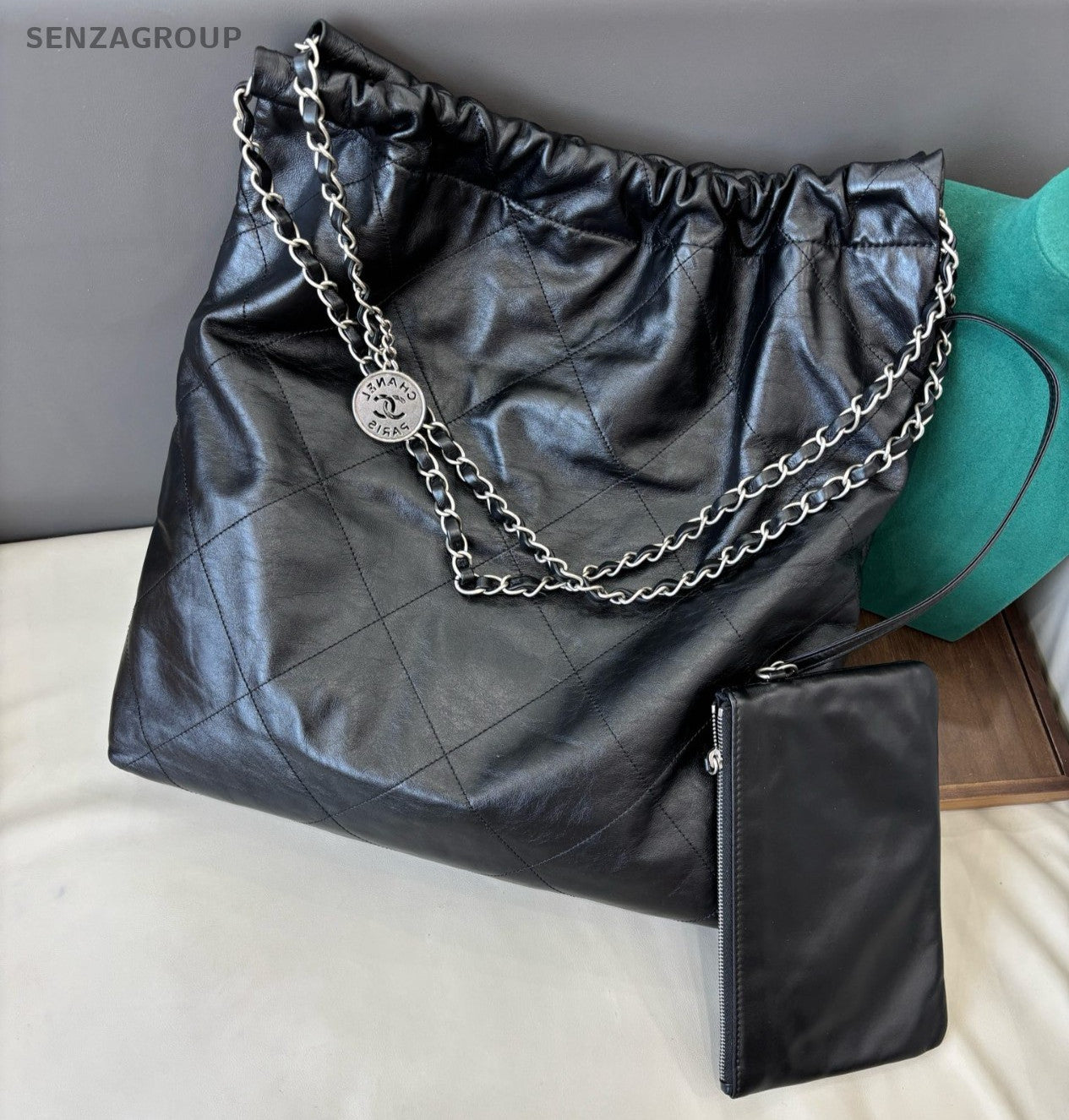 Chanel 22Bag GM Chain Shoulder Bag Crossbody Black Silver Diamond Women Classic