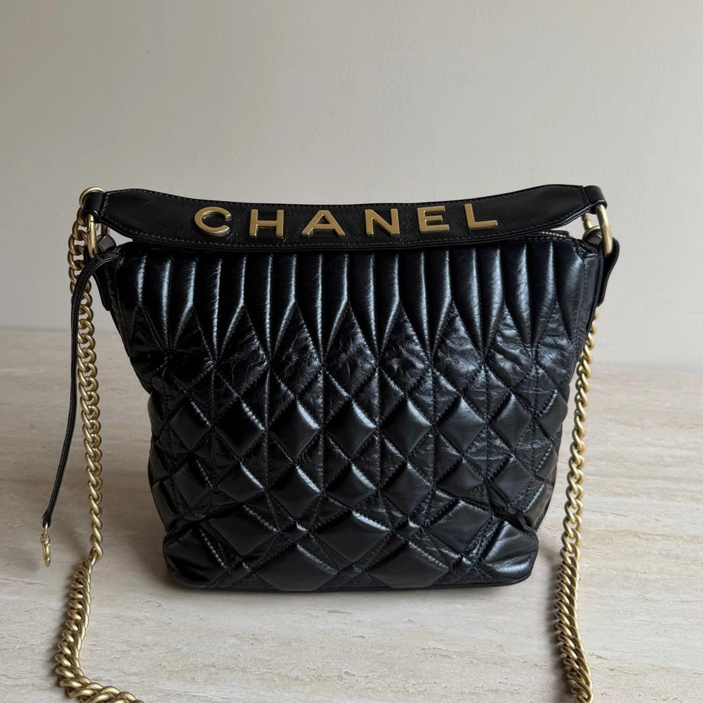 Chanel Calfskin Leather Diamond Black Handbag Gold Chain Crossbody