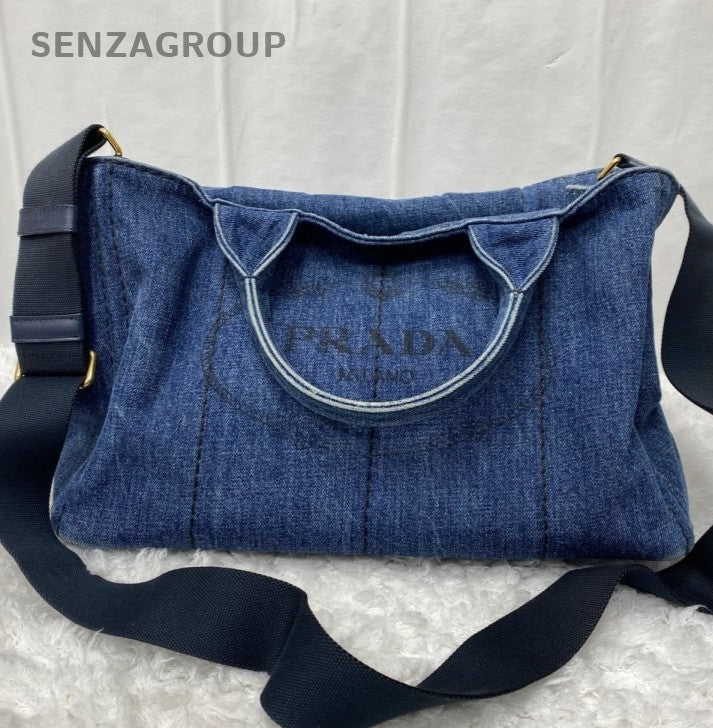 Prada Beach Bag 2Way Handbag Crossbody Blue Gold Women Classic Fashion