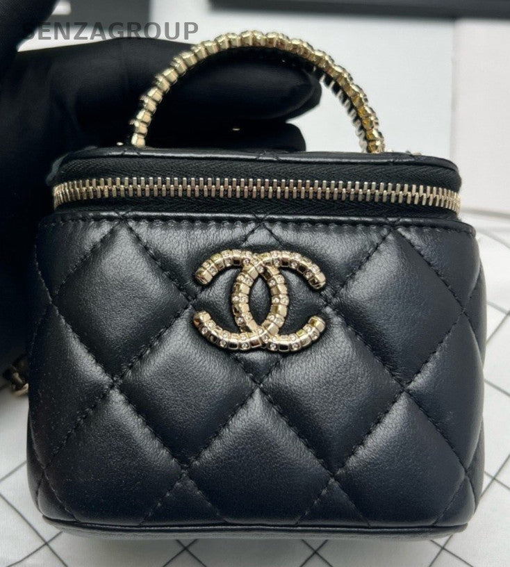 Chanel 24B Lambskin 2Way Top Handle Bag Crossbody Black Gold Women Classic