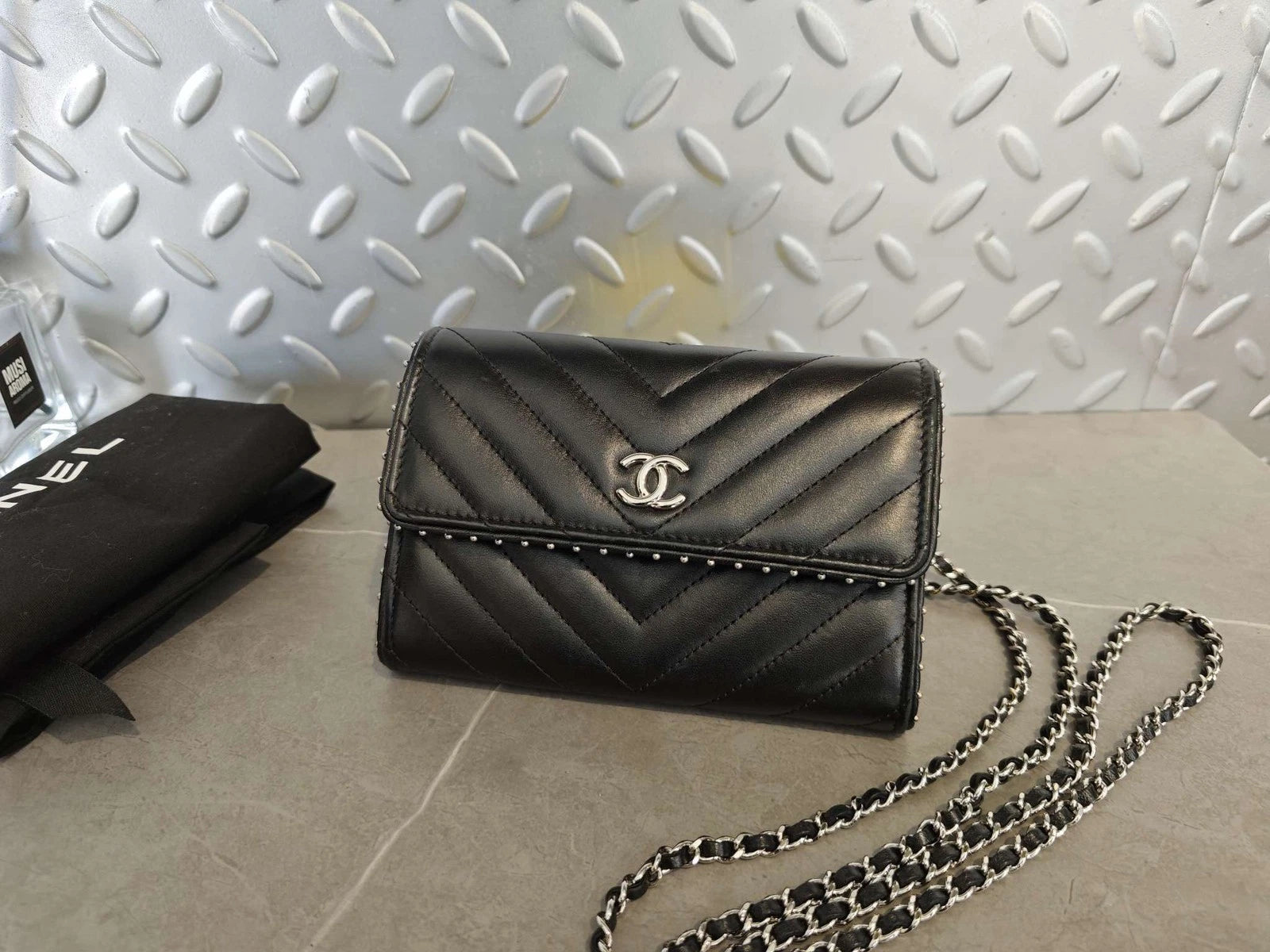 CHANEL Black Silver V Mini WOC Rivet Chain Leather Crossbody Bag Women