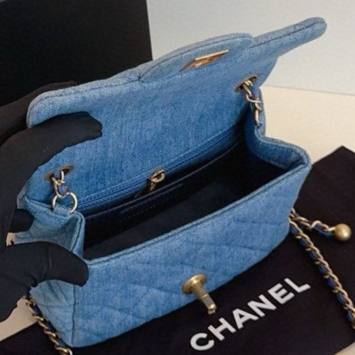 Chanel Diamond Chain Denim Shoulder Bag Crossbody Blue Gold Women Classic