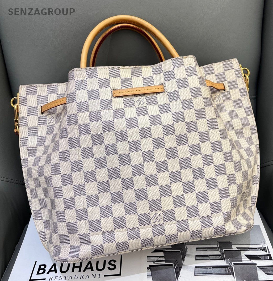 Louis Vuitton Girolata White Damier Azur Drawstring Bucket Top Handle Bag Brown