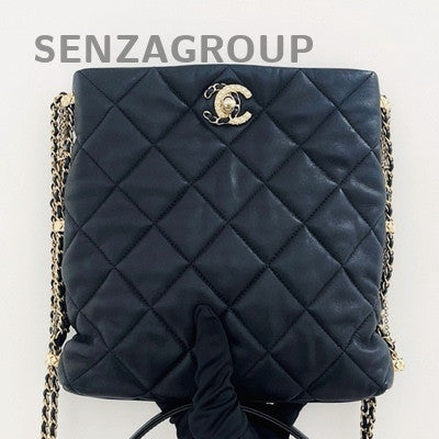 Chanel Black Lambskin Double Chain Pearl Hobo Tote Bag Quilted