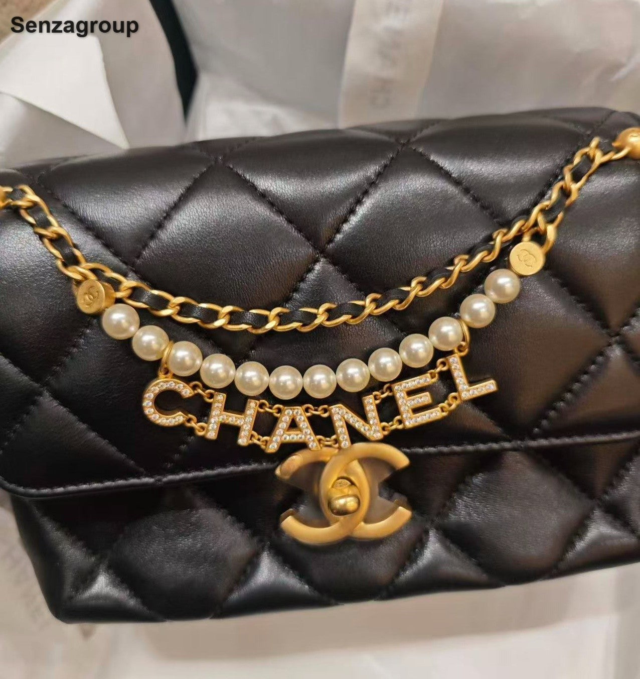Brand New Chanel 24A Pearl Chain Shoulder Bag Black Gold Women Chip Version