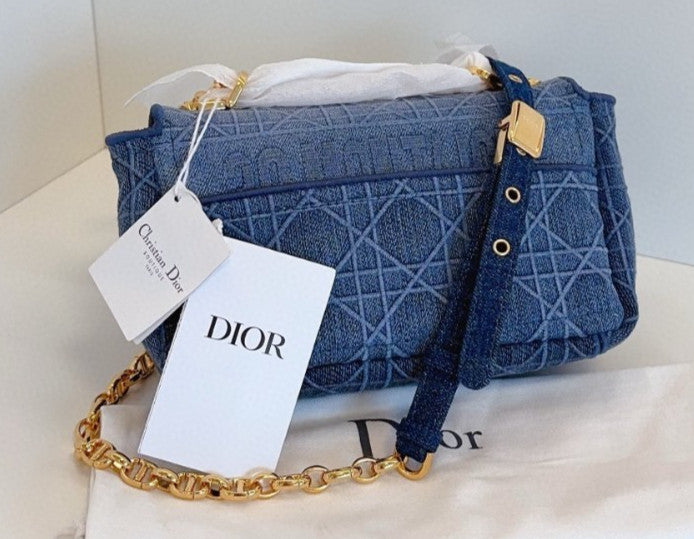 Christian Dior Caro PM Denim Wicker check pattern Chain Shoulder bag Blue Gold