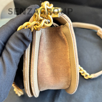 Chanel Le Boy Saddle Bag Brown Gold Velvet Chain Shoulder Crossbody