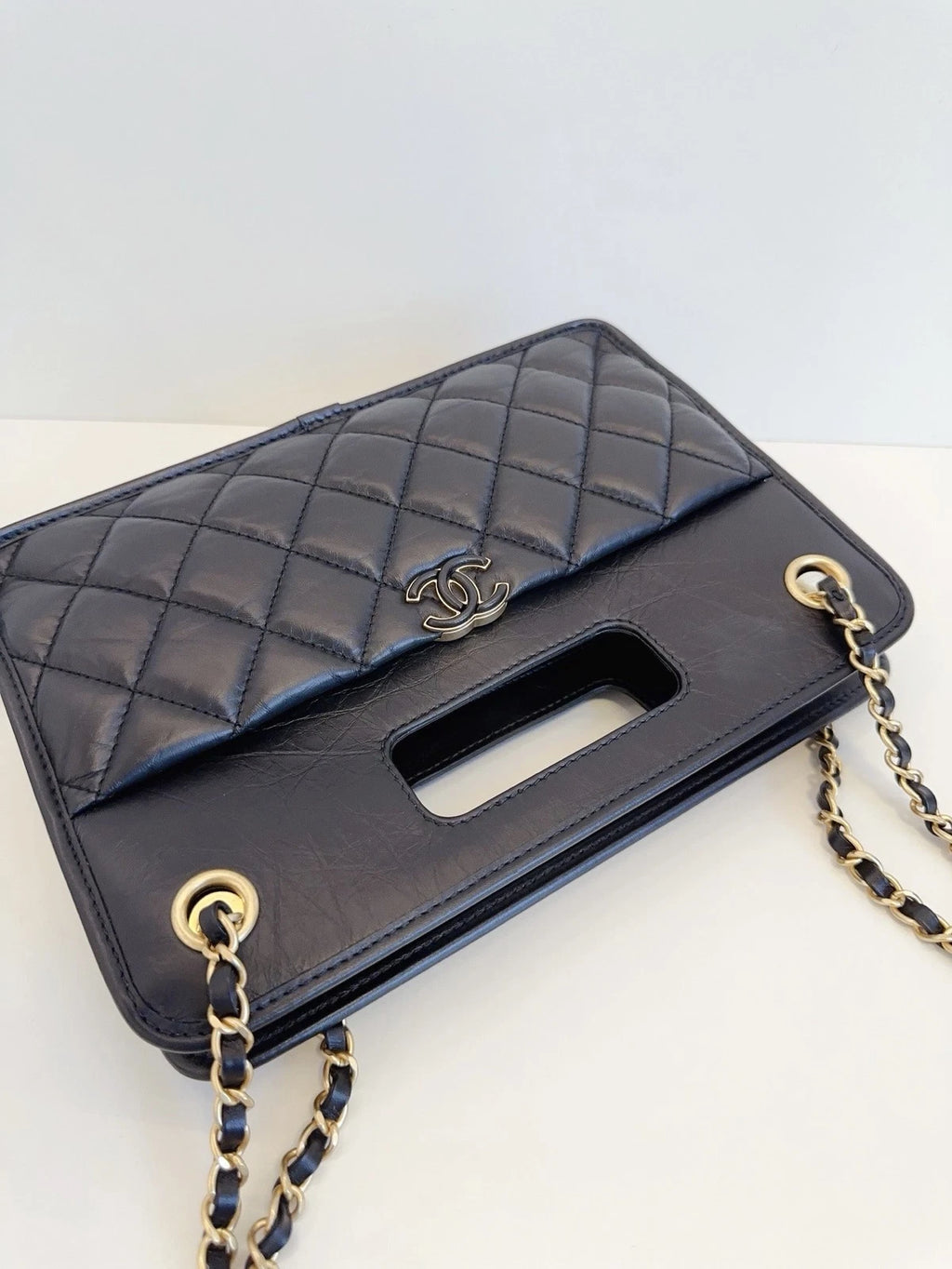 Chanel Vintage Chain Briefcase Caviar Leather Handbag Crossbody Bag Black