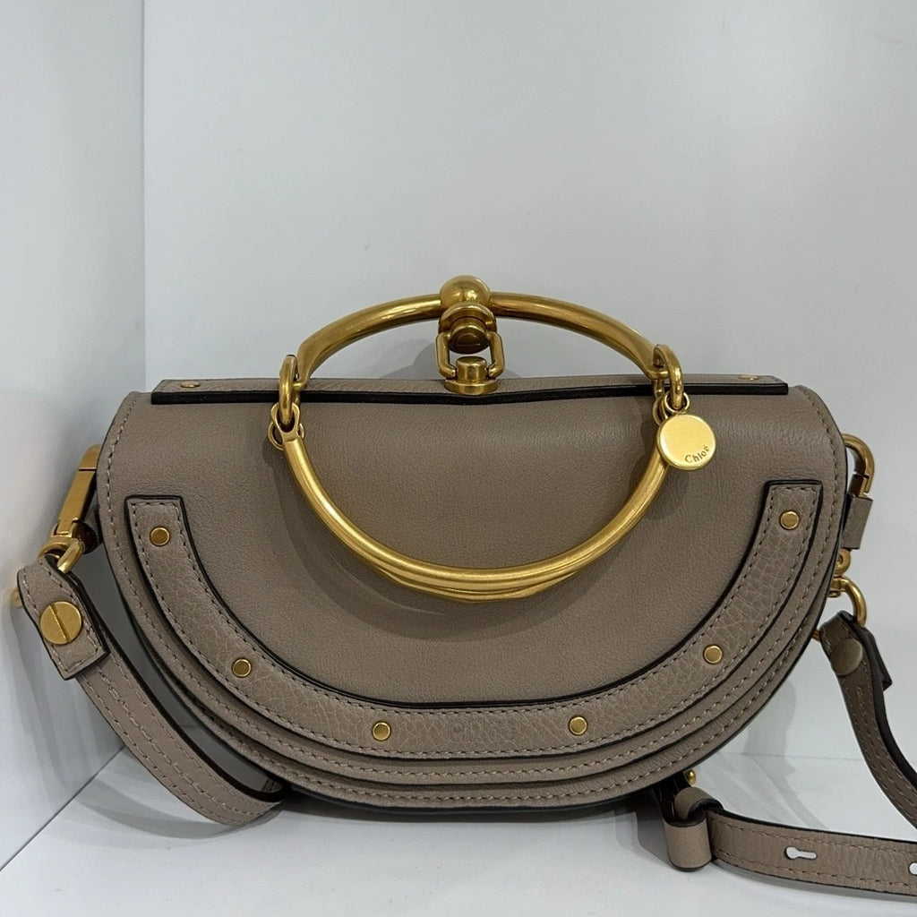 Chloe Grey Calfskin Rivet Crescent Shoulder Crossbody Handbag Women