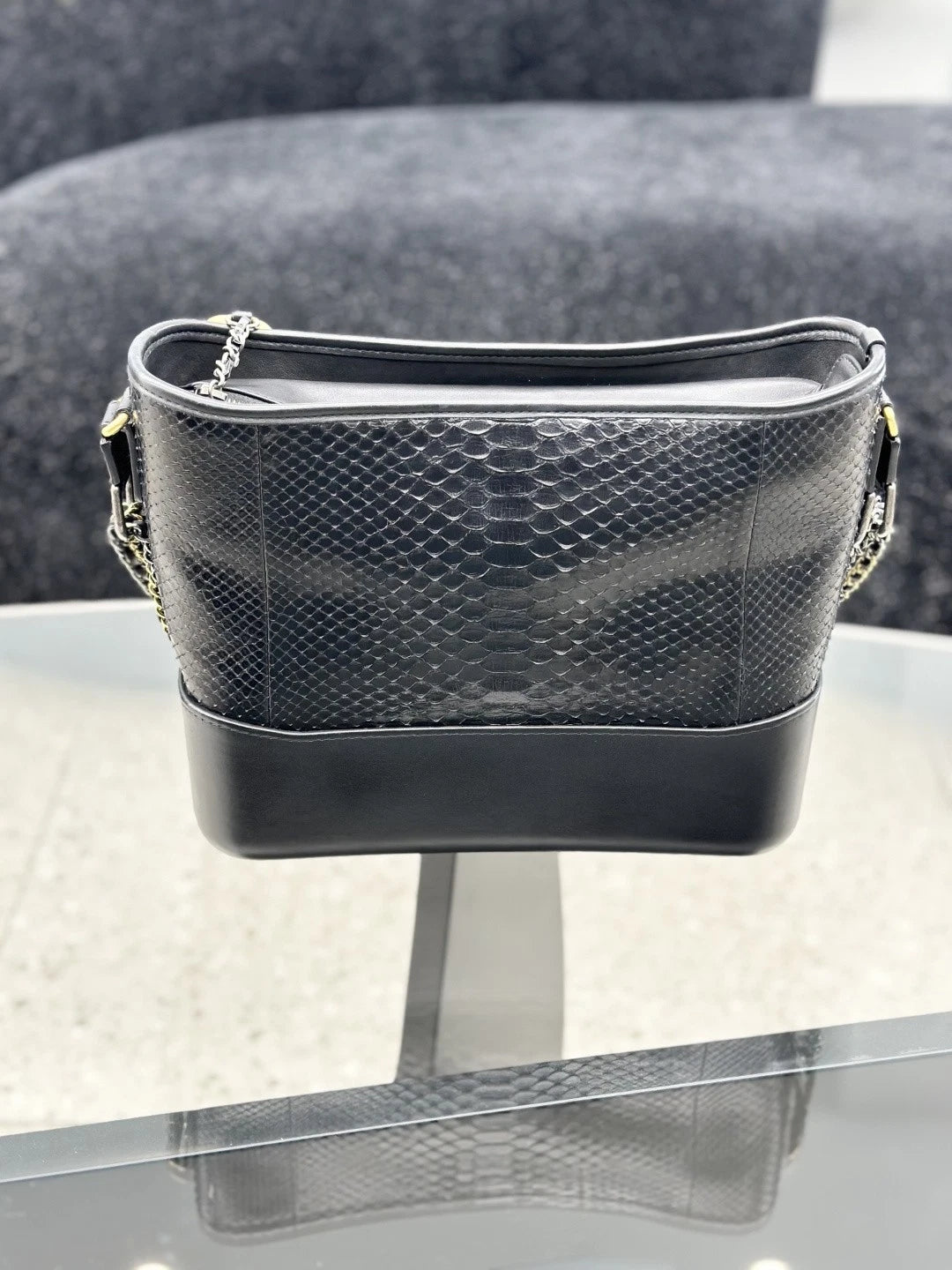 Chanel Snakeskin MM Chain Shoulder Crossbody Bag Black Gold Women S