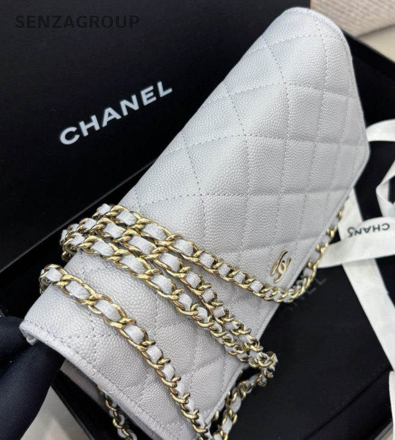 Chanel WOC Chain Shoulder Bag Gray Gold Women Classic Diamond Fashion