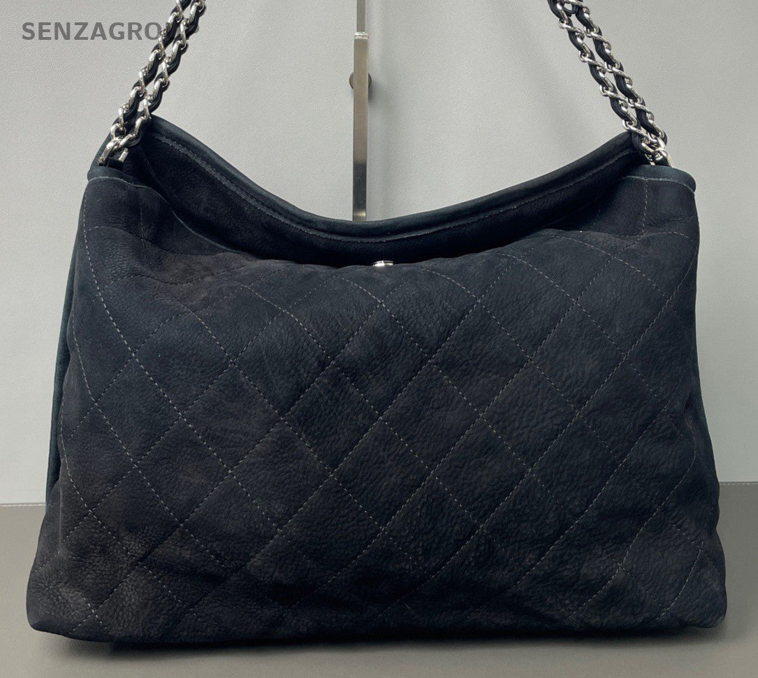Chanel Suede Leather Chain Shoulder Bag Crossbody Black Silver Women Classic