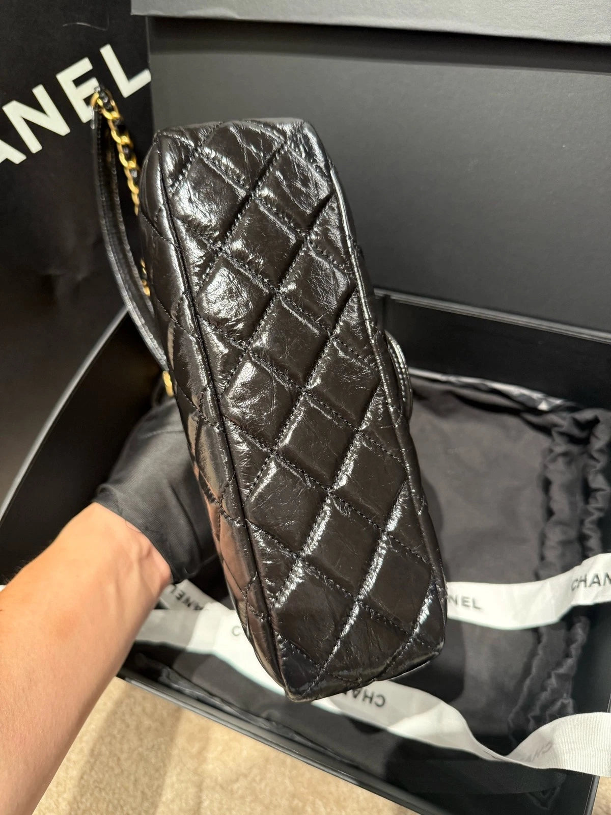 New CHANEL Black Lambskin Hobo Shoulder Bag For Women
