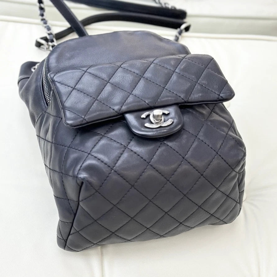 Chanel Diamond Calfskin Chain Backpack Black Silver Women Classic
