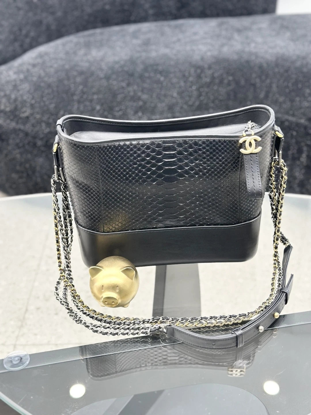 Chanel Snakeskin MM Chain Shoulder Crossbody Bag Black Gold Women S