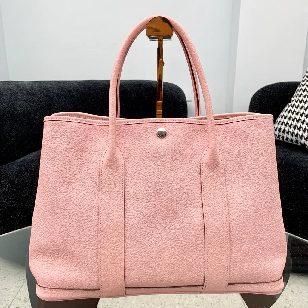 Hermes Garden Party 36 Calfskin Tote Top Handle Bag Pink Silver Women Fashion S