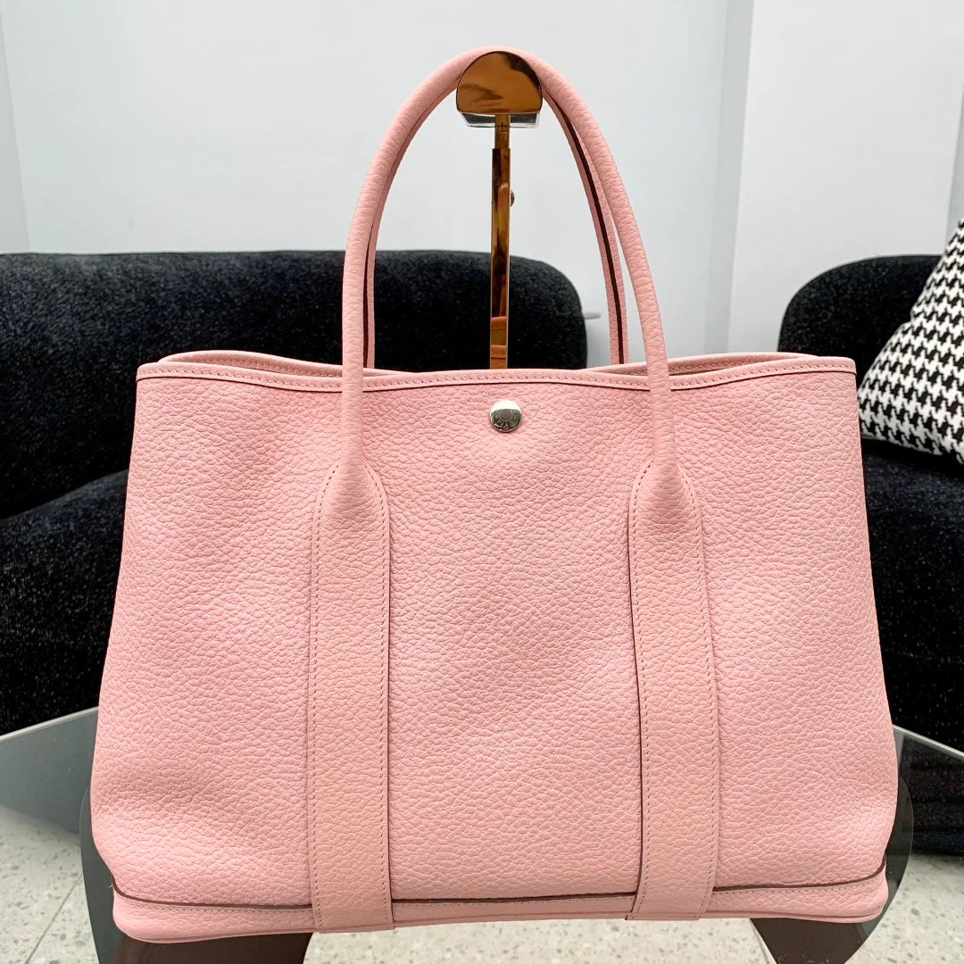 Hermes Garden Party 36 Calfskin Tote Top Handle Bag Pink Silver Women Fashion S