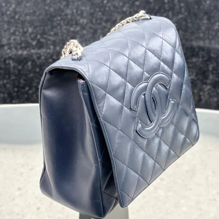 Chanel Lambskin Chain 2Ways Top Handle Shoulder Bag Navy Silver Women S