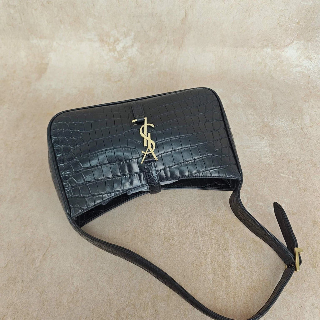 YSL Crocodile Embossed Black Gold Hobo Shoulder Bag For Women