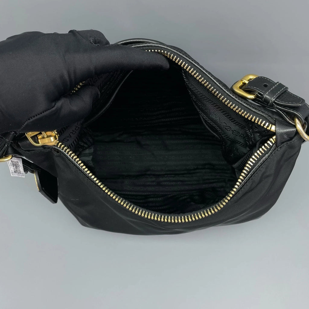 Prada Black Gold Nylon Hobo Shoulder Bag For Women