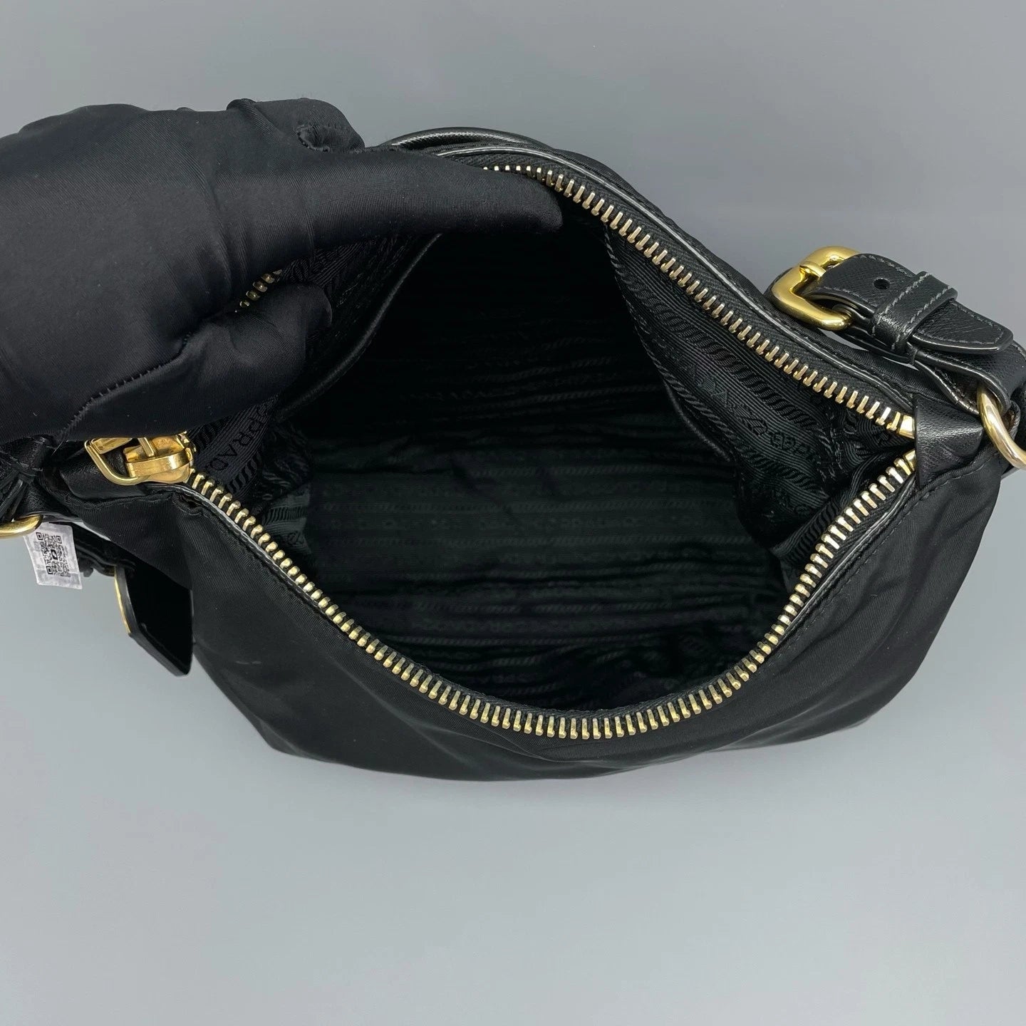 Prada Black Gold Nylon Hobo Shoulder Bag For Women