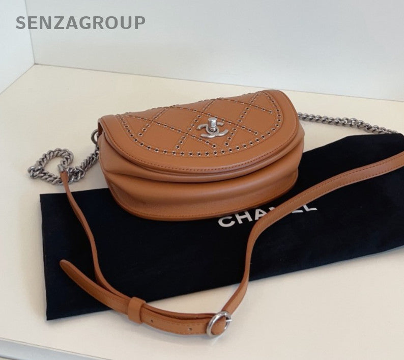 CHANEL Saddle PM Calfskin Rivet caramel color Chain Shoulder bag Crossbody Women