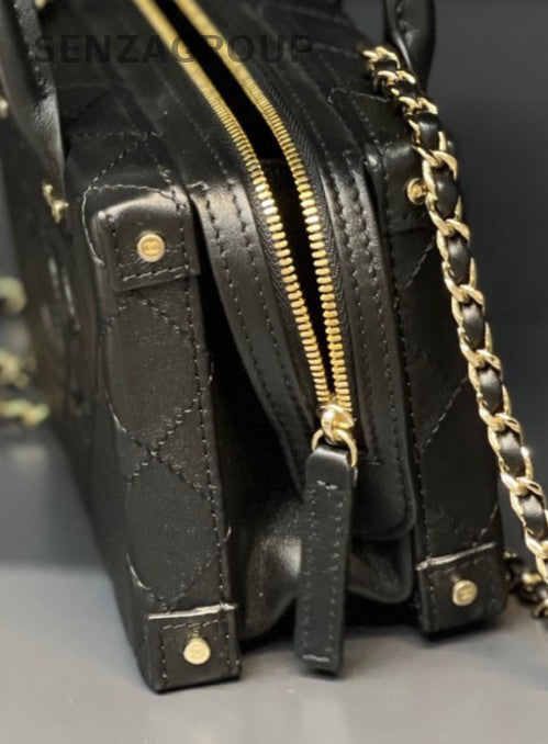 Chanel Calfskin Chain Shoulder Bag Crossbody Black Gold Women Classic