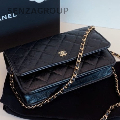 Chanel WOC Chain Diamond Crossbody Shoulder Bag Black Gold Used Women Fashion