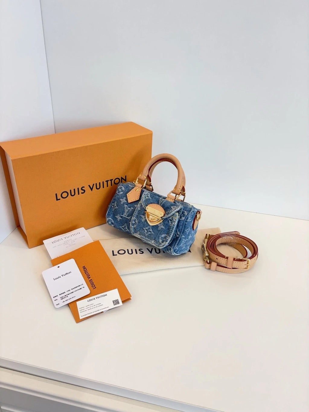 Louis Vuitton Speedy Nano Handbag Women's Crossbody Bag Blue Denim Monogram