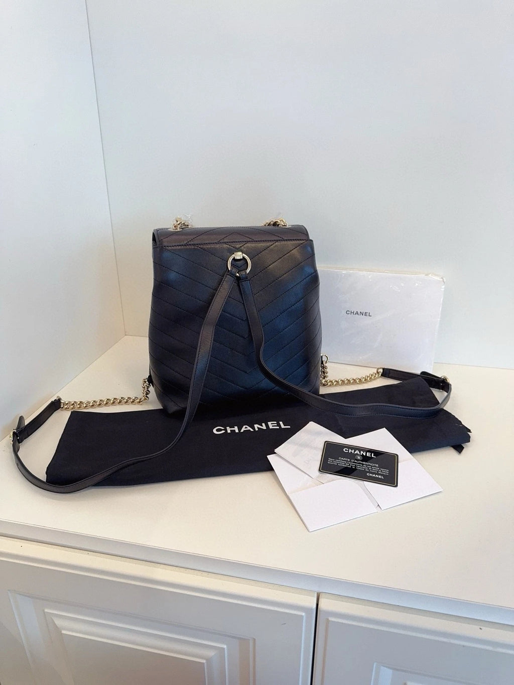 CHANEL Black Gold Calfskin V Pattern Backpack For Women