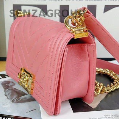 Chanel Le Boy Chevron Quilted Chain Shoulder Bag Pink Gold