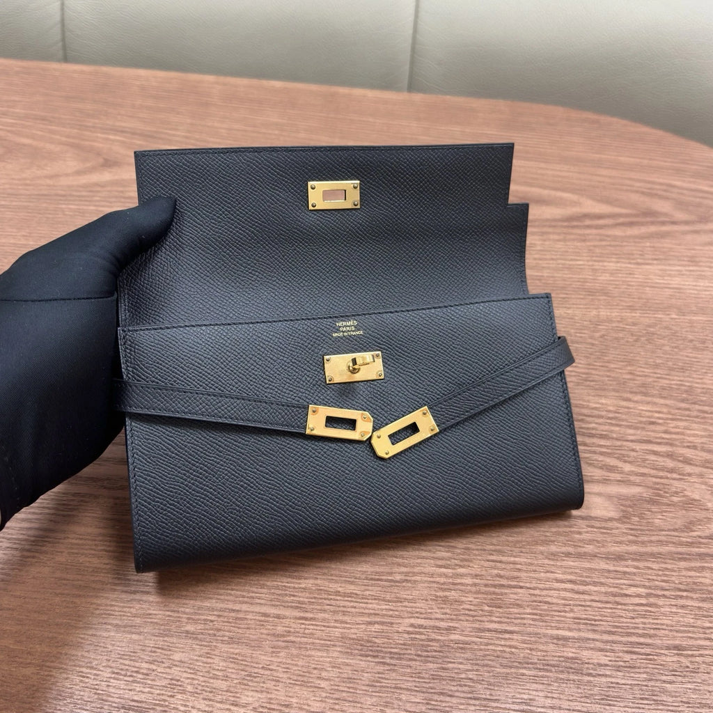 Hermes Kelly Long Wallet Black Gold Used Women Fashion Classic
