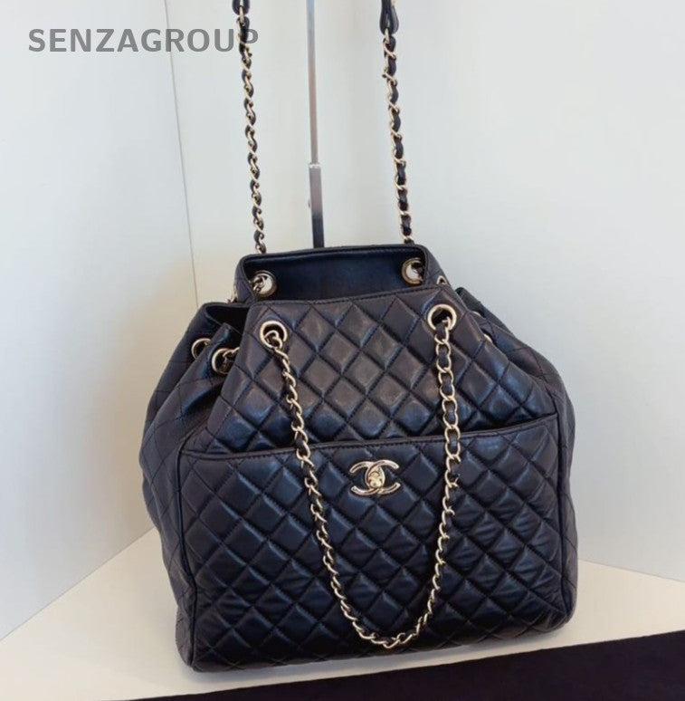 Chanel Diamond Chain Bucket Shoulder Bag Crossbody Black Gold Women Classic