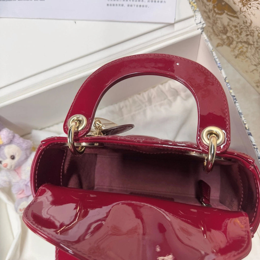 New Dior Red Patent Leather 3-Grid Lady Dior Handbag For Women