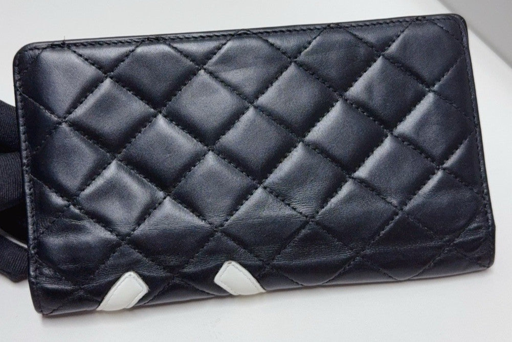Chanel Cambon Line Long Wallet Black White Diamond Used Women Classic
