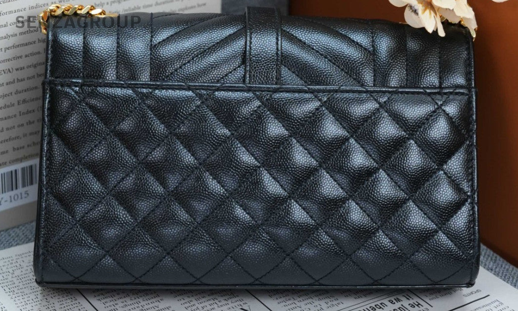YSL Saint Laurent Envelope MM Caviar Leather V-pattern Shoulder Bag Women Black