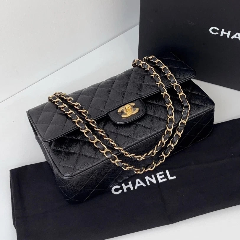 Excellent Chanel Classic Flap MM Gold Chain Black Diamond Shoulder Bag Crossbody