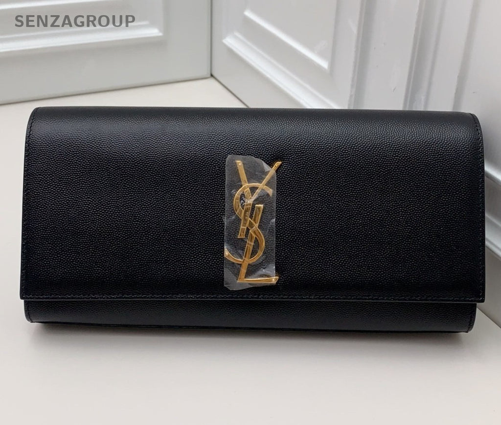 Saint Laurent Kate Calfskin Clutch Black Gold Used Women Classic Fashion