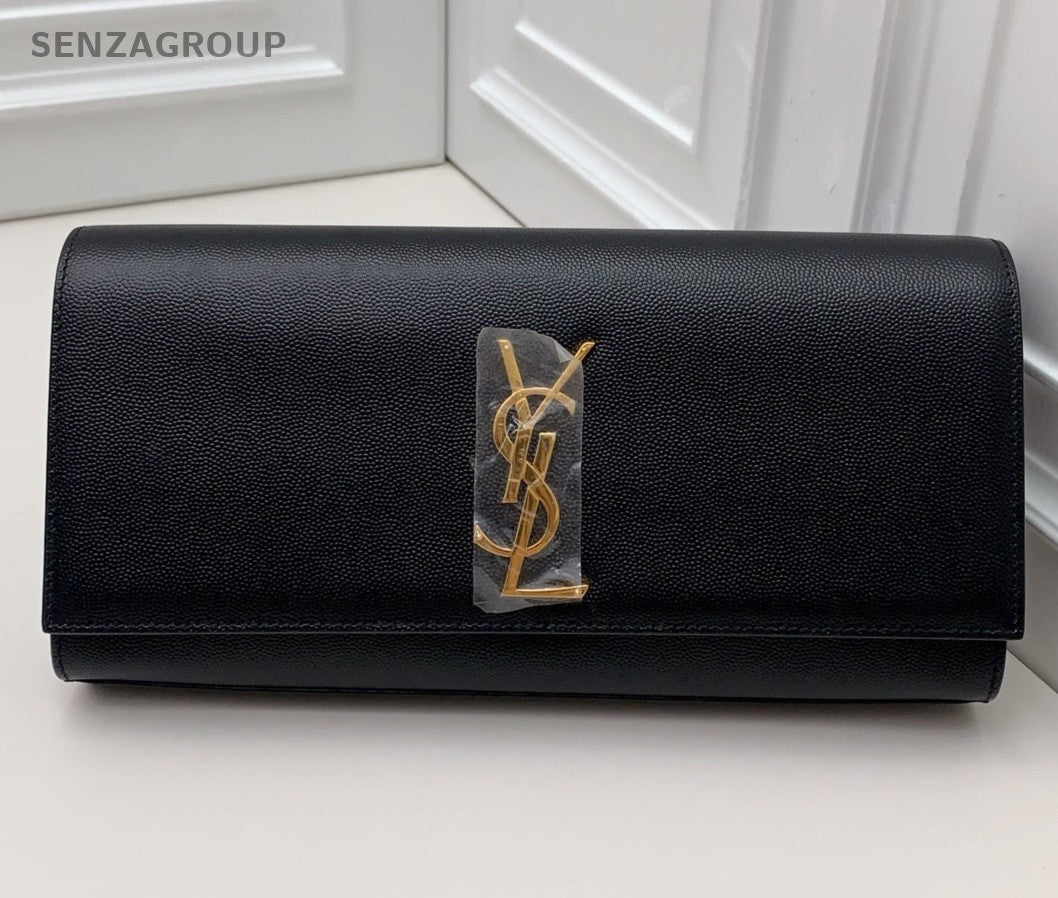 Saint Laurent Kate Calfskin Clutch Black Gold Used Women Classic Fashion