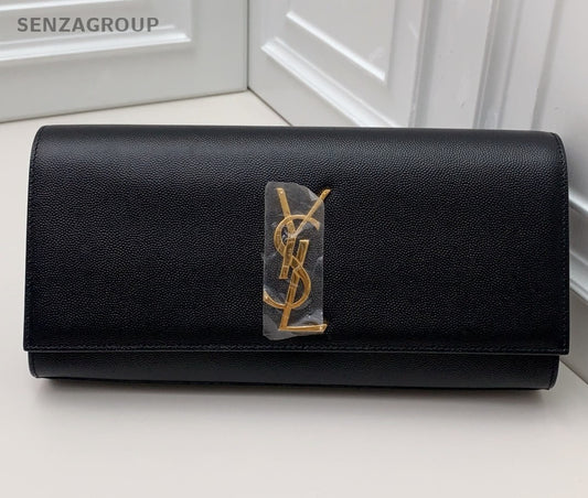 Saint Laurent Kate Calfskin Clutch Black Gold Used Women Classic Fashion