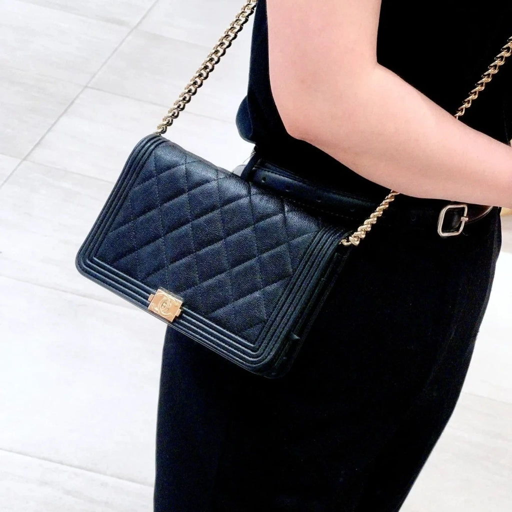 Chanel Leboy WOC Chain Shoulder Crossbody Black Gold Women Classic Diamond