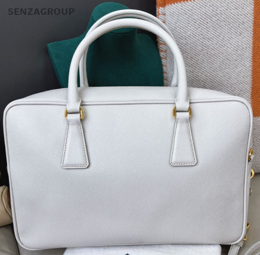 Prada Plum30 Calfskin Top Handle Bag Crossbody White Gold Women Classic