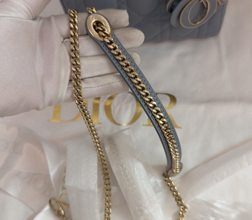 Christian Dior Lady Dior Chain Crossbody Top Handle Bag Blue Gold Women Classic