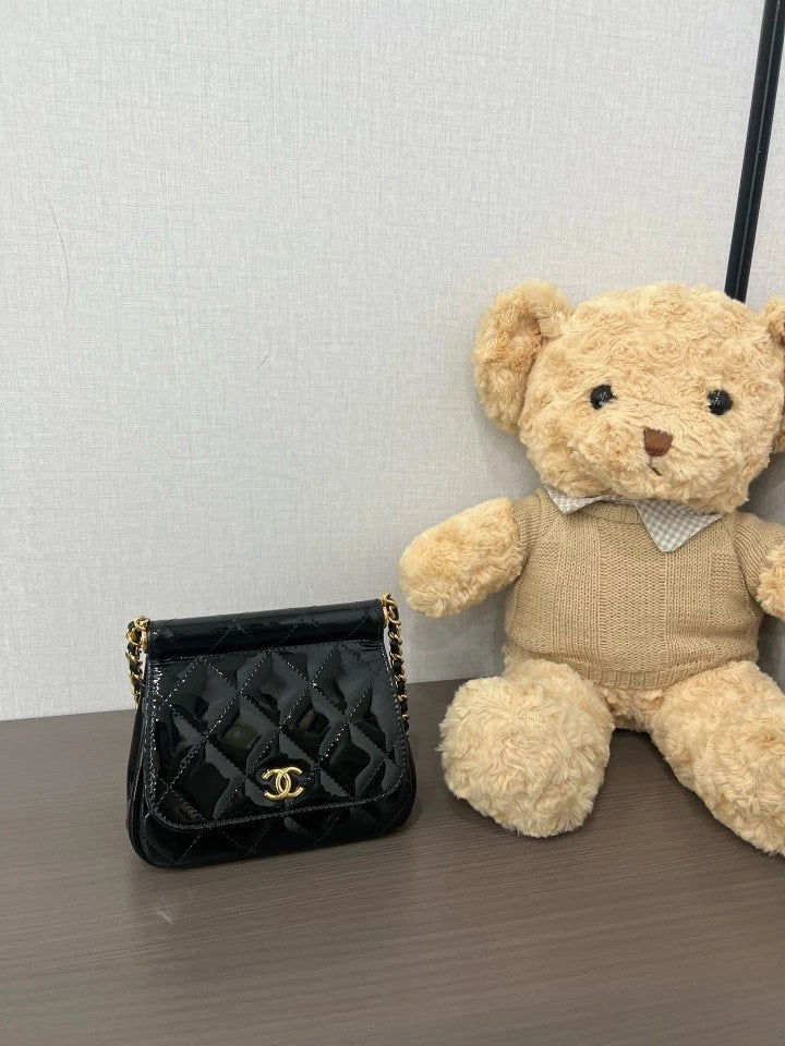 CHANEL Black Gold Patent Leather Mini Crossbody Bag For Women