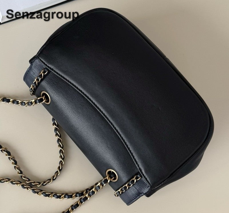 Chanel Around Flap Chain Shoulder Bag Black Gold Used Women Classic Designer