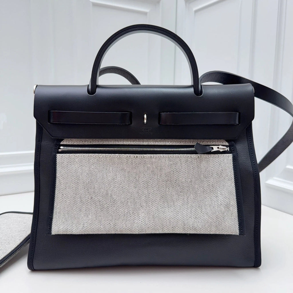 Hermes Herbag31 Canvas Top Handle Bag Crossbody Black Silver Women Classic